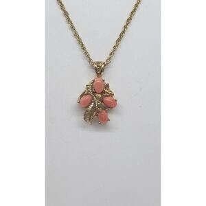 Vintage 14K Gold Plated Coral Necklace Leaf Pendant Rope Chain